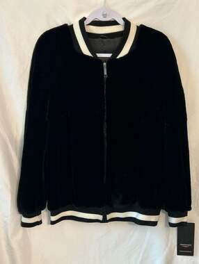 Feionardi Black Faux Fur Reversible Bomber Jacket with Crystal Eyed Flying Cat